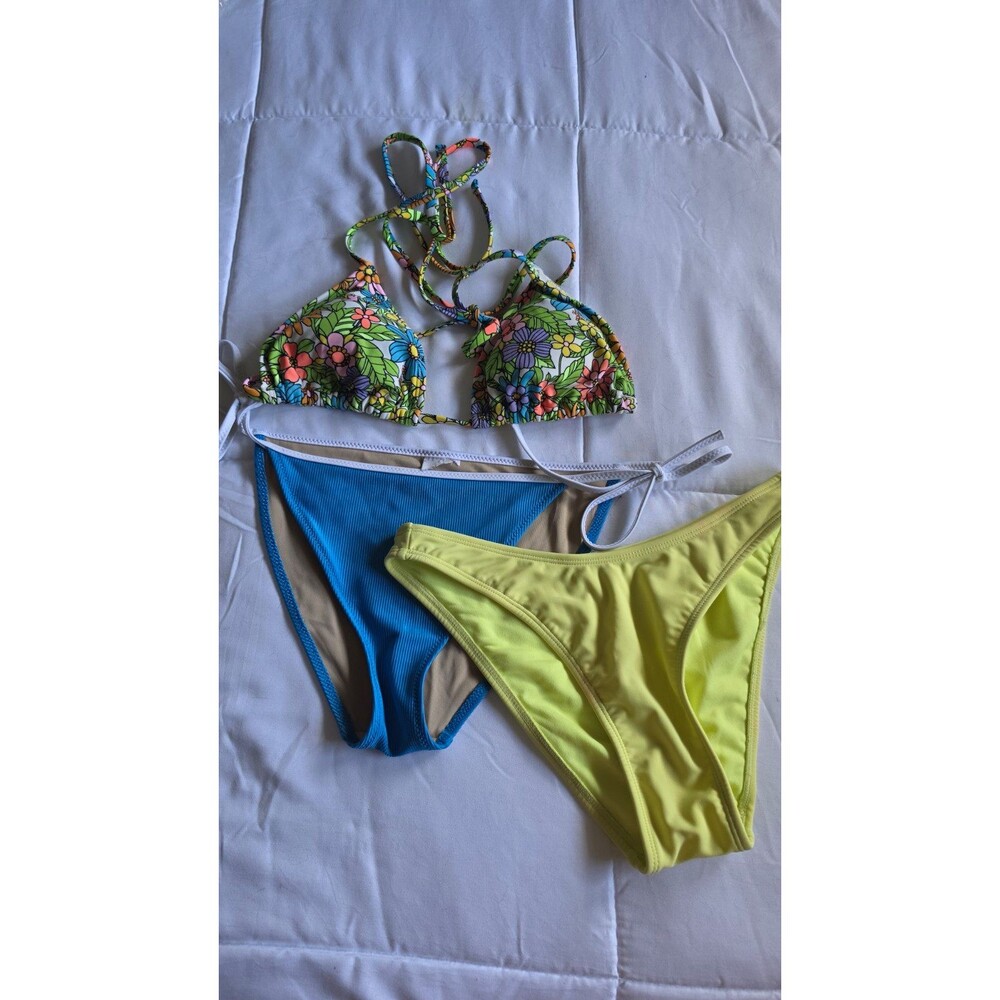 Wild Fable Women’s XS 3-Piece Bikini Set Triangle Halter Floral Blue/Yellow